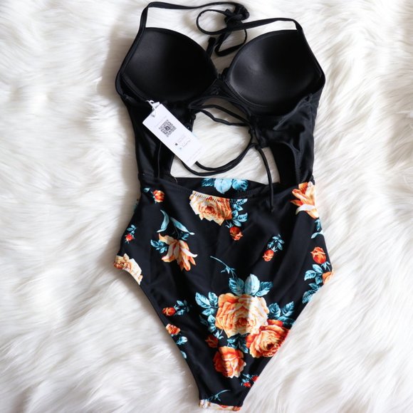 Black Floral Print Halter One Piece Swimsuit Sz L= - Picture 8 of 13